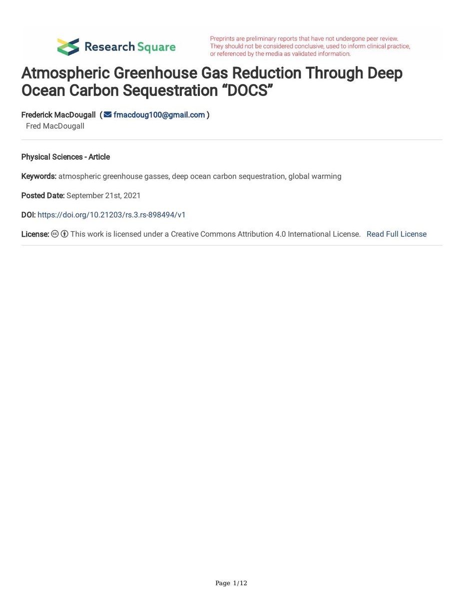 Atmospheric Greenhouse Gas Reduction Through Deep Ocean Carbon Sequestration "DOCS" — first page of PDF